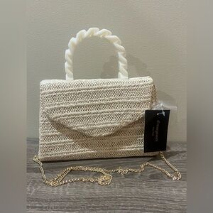 NWT D'Margeaux New York Ivory Handle Straw Handbag Removeable Gold Chain Natural